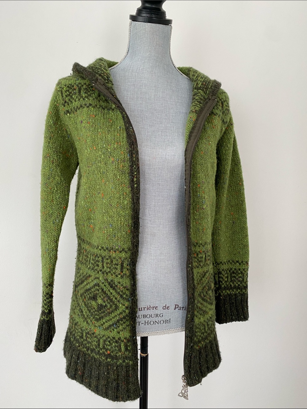 Aran Crafts Green Patterned Wool Hooded Zip Cardigan Ireland Made Sz XS Keltic - Picture 3 of 11